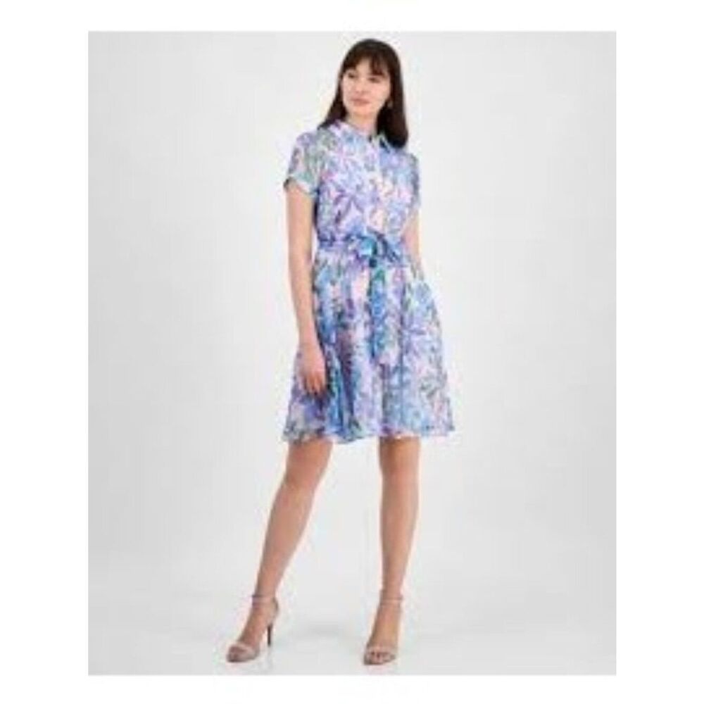 Tahari ASL Women’s Shadow-Stripe Floral Print Belted Dress Size 4 - Picture 1 of 13